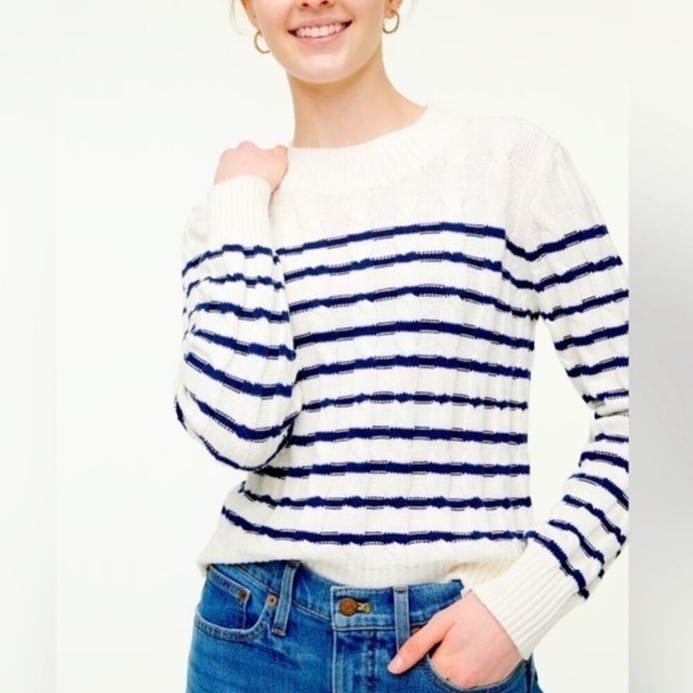 J. Crew Factory Striped Cable Knit Mockneck Sweater White/Navy Size S Fisherman